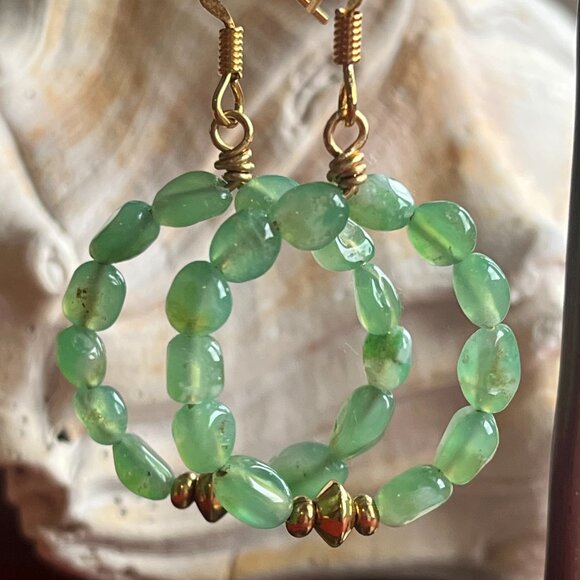 Handmade Jewelry - Gemstone Beaded Hoop Earrings | Chrysoprase Green Dangle Earrings